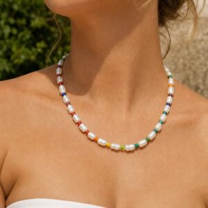 שרשרת צ'וקר - צמיד פנינים ונקודות צבעי הקשת